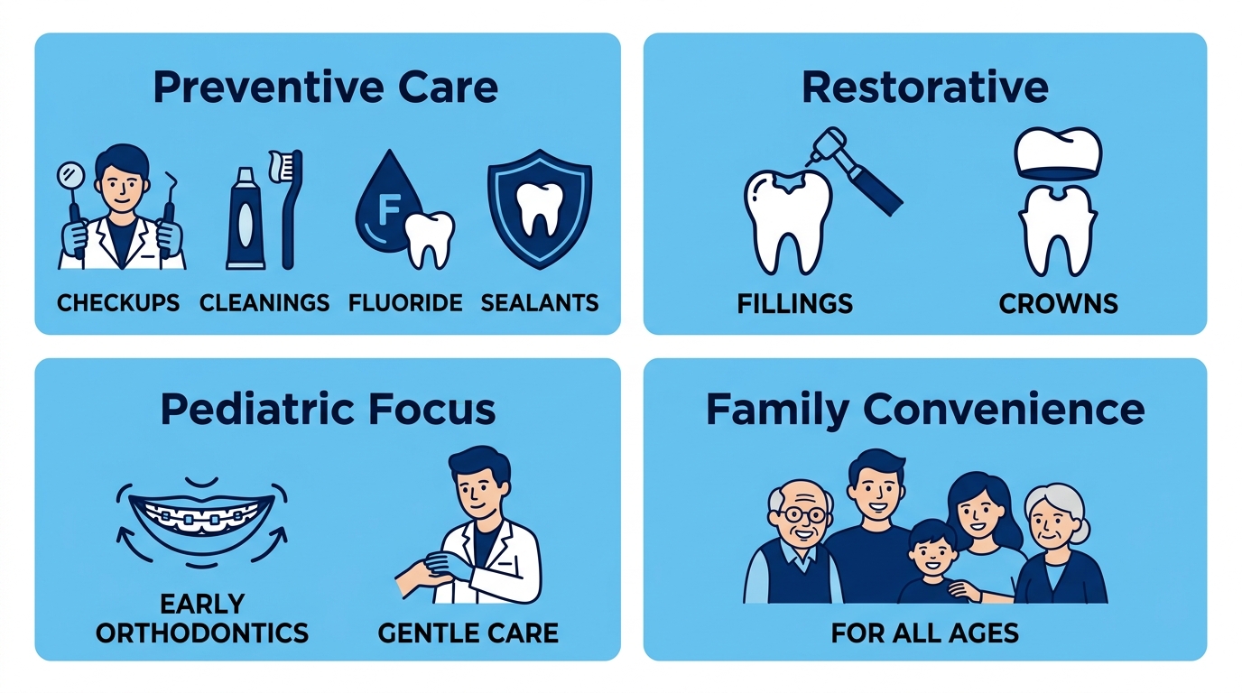 Infographic grid of four family and pediatric dental service categories for Canoga Park: Preventive Care, Restorative, Pediatric Focus, and Family Convenience, with icons and minimal labels