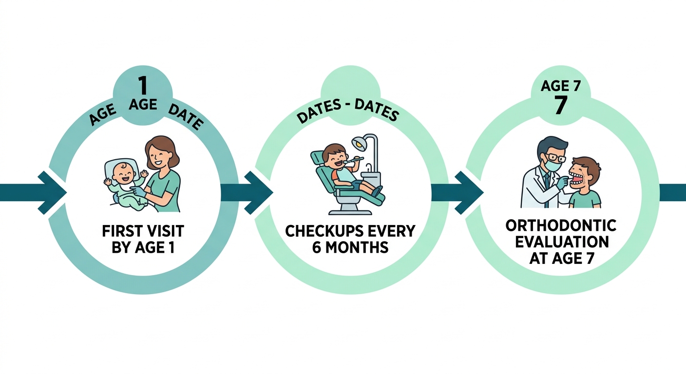 Horizontal timeline of dental care milestones: first visit by age 1, checkups every 6 months, and orthodontic evaluation at age 7.