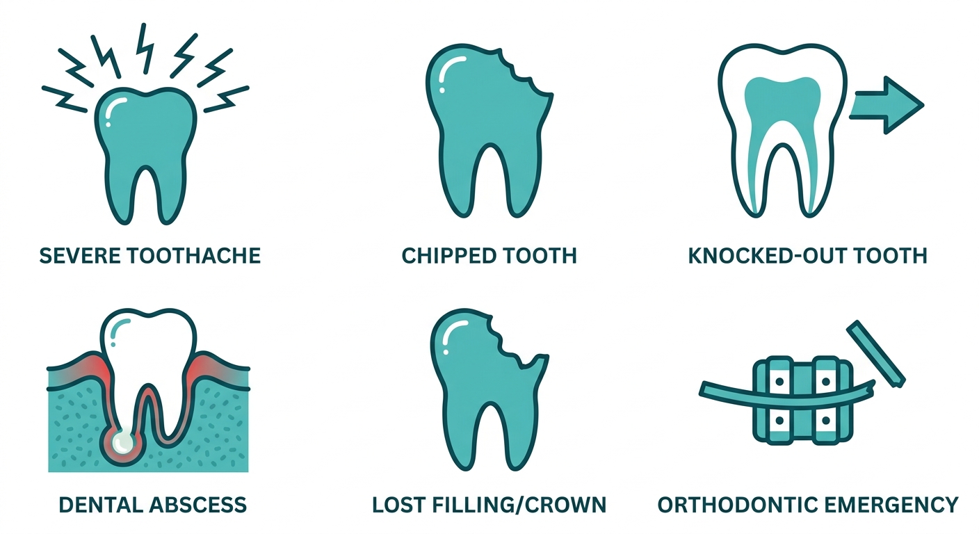 Icon set of six common dental emergencies including severe toothache, chipped tooth, knocked-out tooth, dental abscess, lost filling, and orthodontic emergency