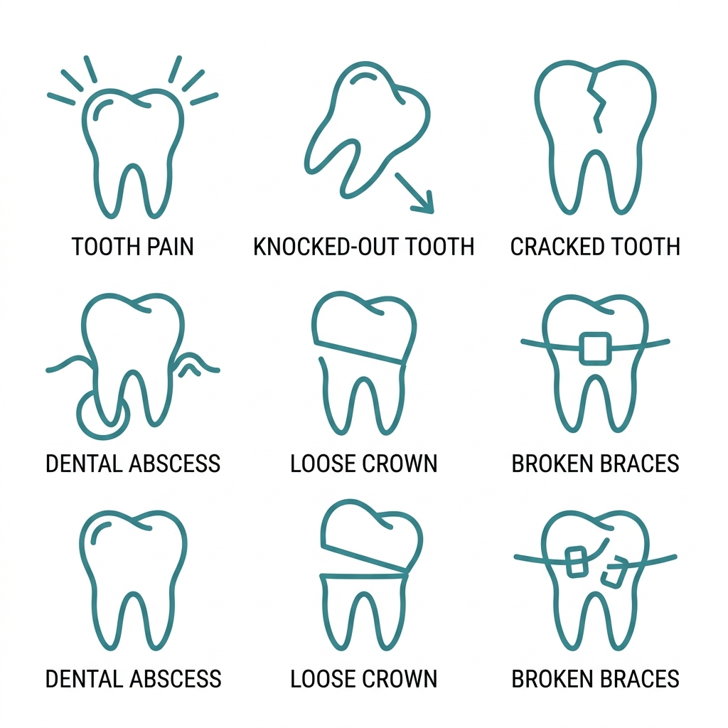 Six outlined icons in teal on white, showing a tooth with pain lines, a knocked-out tooth, a cracked tooth, an abscess, a loose crown, and broken braces, each with a short label beneath.