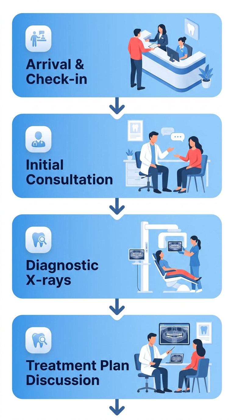 Visual guide of the emergency dental visit process with four steps: Arrival & Check-in, Initial Consultation, Diagnostic X-rays, and Treatment Plan Discussion
