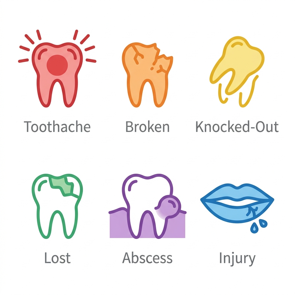 Six emergency dental icons in brand colors, each with a one-word gray label below, arranged in a 2x3 grid on a white background.