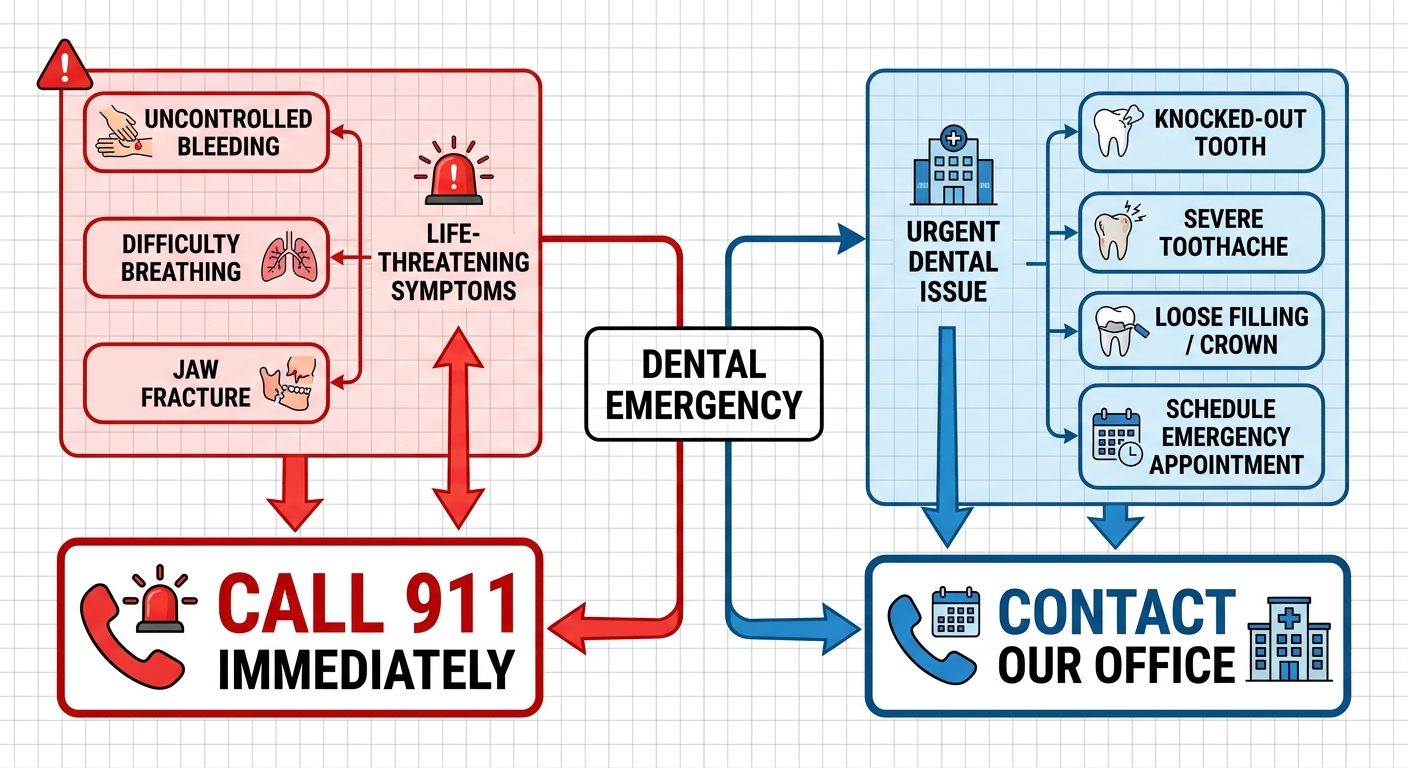 Dental emergency decision flow diagram showing life-threatening conditions branch and non-emergency branch