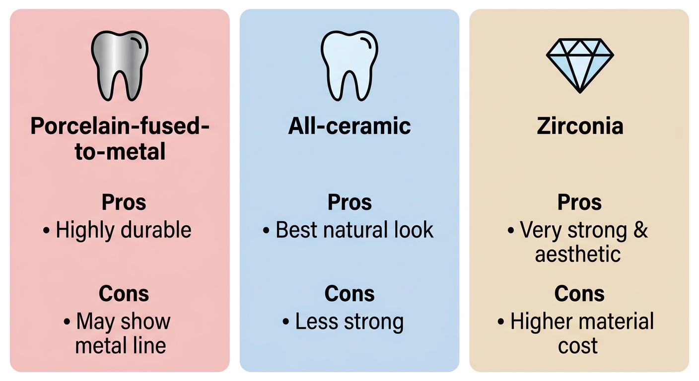 Infographic comparing three crown material options: porcelain-fused-to-metal, all-ceramic, and zirconia, with pros and cons.