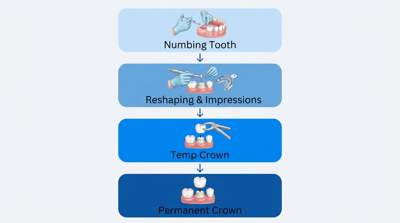 Four-step dental crown procedure diagram showing numbing, reshaping, temporary crown, and permanent crown placement
