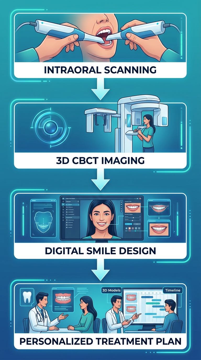 Vertical process flow diagram showing four steps of personalized dental treatment planning: Intraoral Scanning, 3D CBCT Imaging, Digital Smile Design, and Personalized Treatment Plan, connected by arrows on a cool blue and teal background.