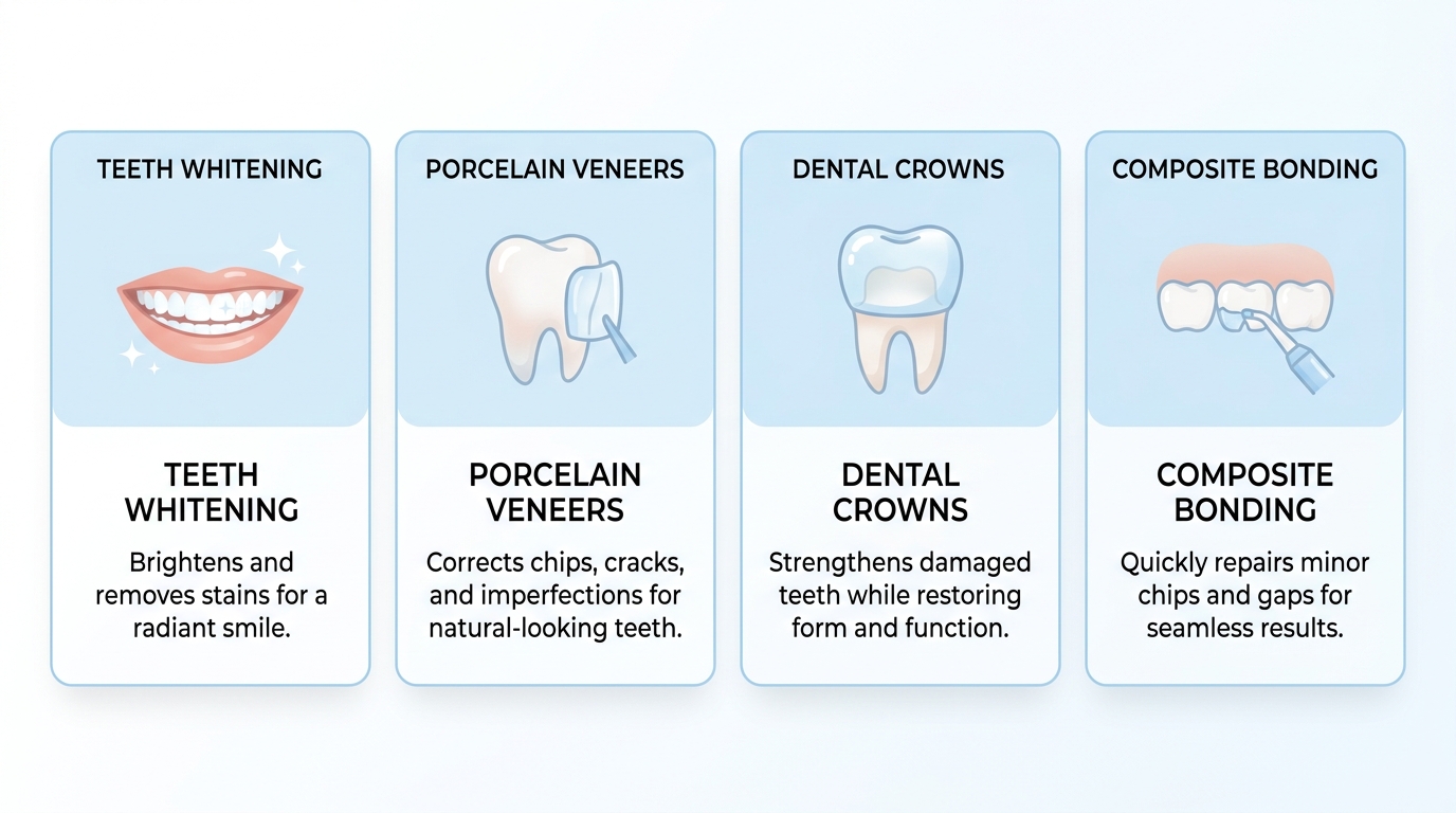 Infografía de cuatro servicios de odontología cosmética: blanqueamiento dental, carillas de porcelana, coronas dentales y composite bonding, con iconos y etiquetas mínimas.