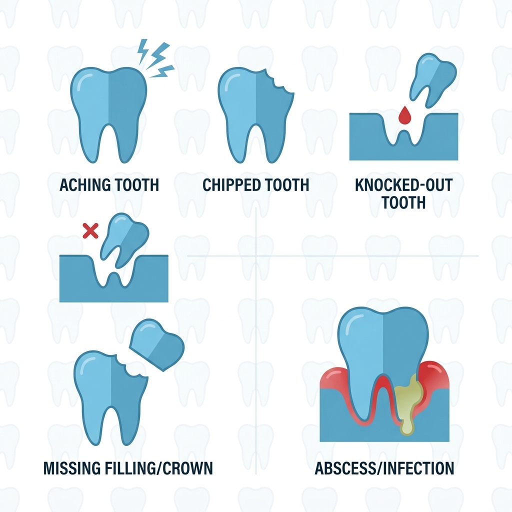 Square icon grid showing five dental emergency icons: aching tooth, chipped tooth, knocked-out tooth, missing filling/crown, and abscess/infection, with labels, on white background with tooth-pattern watermark.