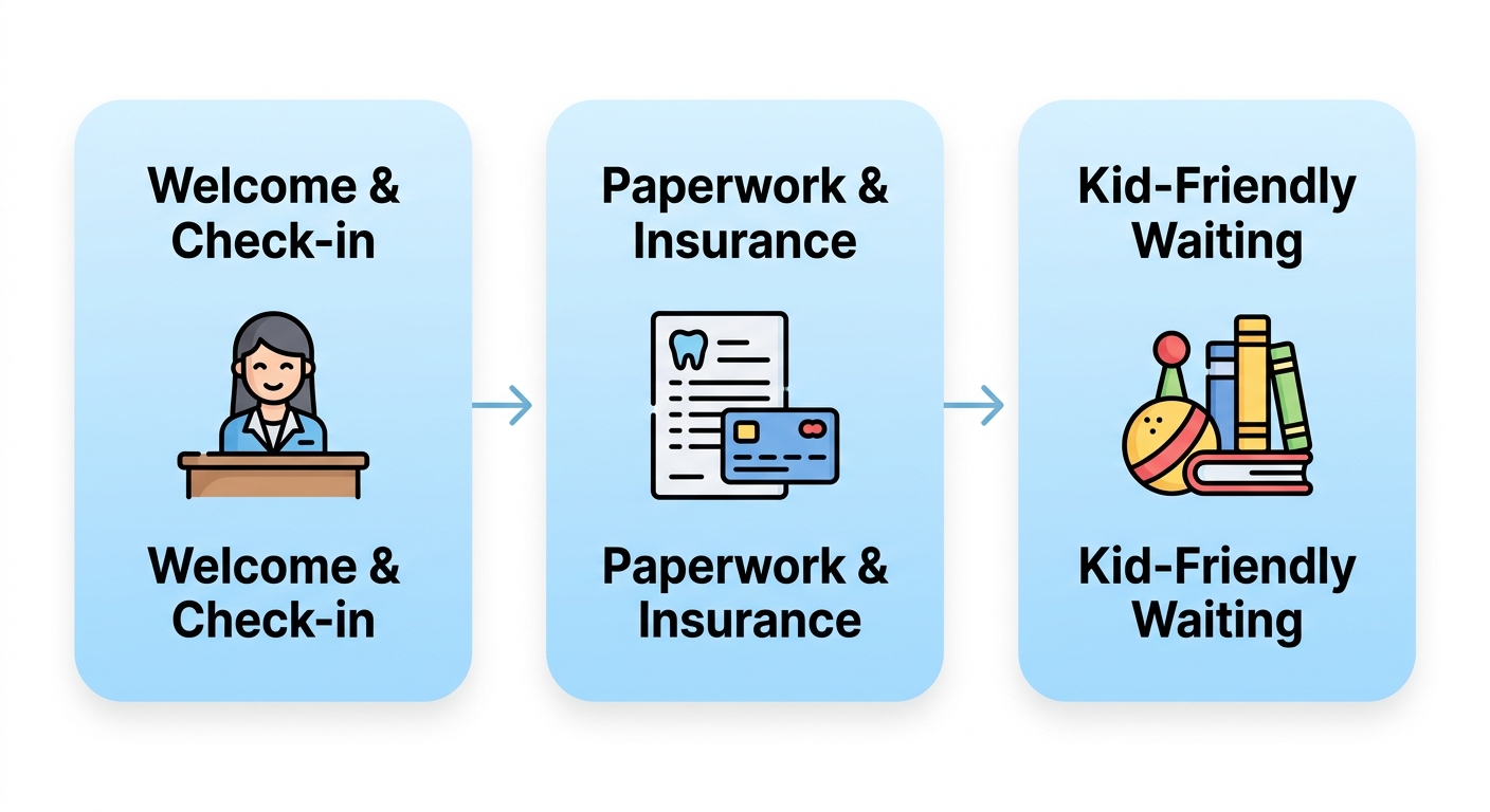 Three-step arrival process at Huntington Park Dental: check-in, paperwork, and kid-friendly waiting area.