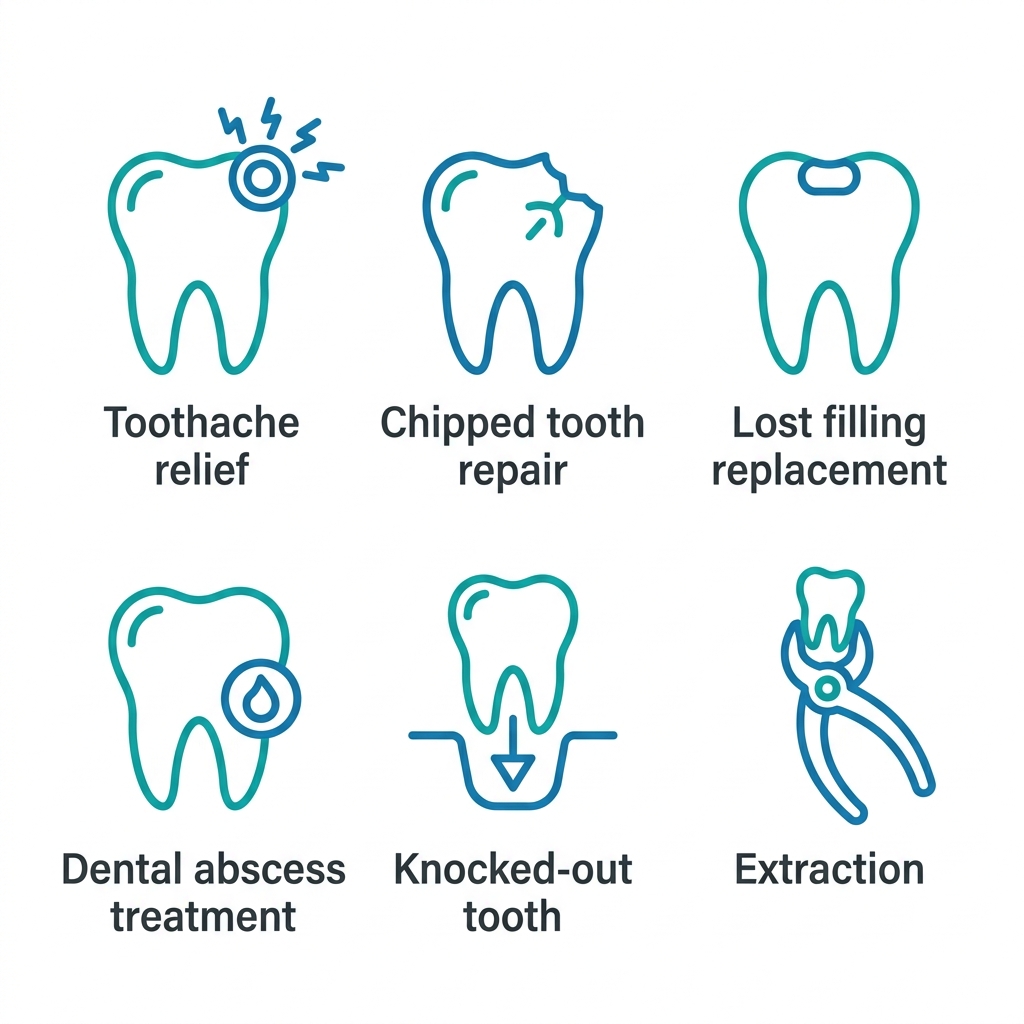 Icons for emergency dental services including toothache, chipped tooth, lost filling, abscess, knocked-out tooth, and extraction, each labeled in dark gray.