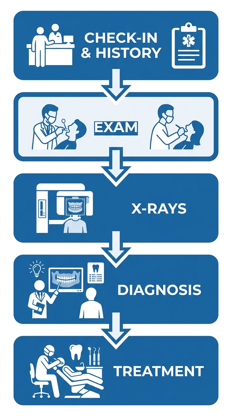Vertical process flow diagram showing five steps of an emergency dental appointment