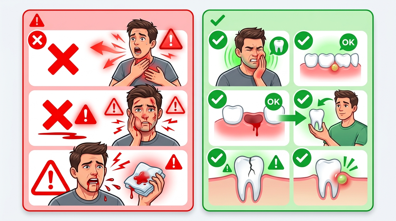 Infographic showing red alert icons for life-threatening dental emergency signs and green check icons for non-emergency dental issues