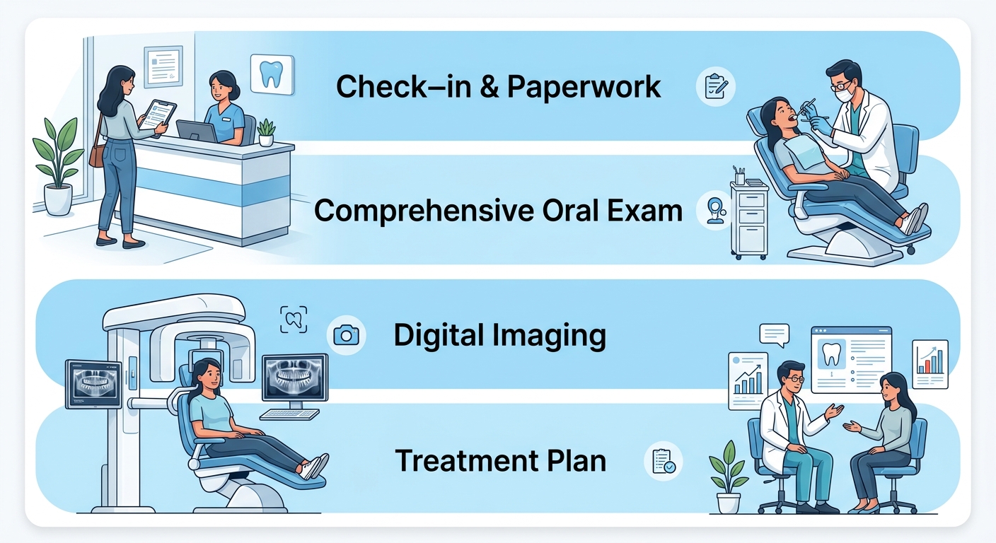 Vertical process flow illustration showing four steps of dental diagnostic process: Check-in & Paperwork, Comprehensive Oral Exam, Digital Imaging, and Treatment Plan Discussion
