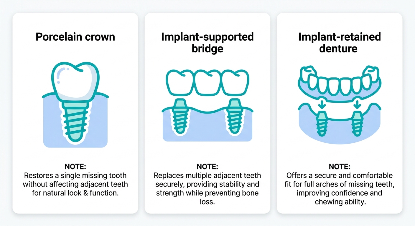 Professional dental implant infographic showing single crown, implant-supported bridge, and implant-retained denture with highlight on free consultation and fifty percent off special