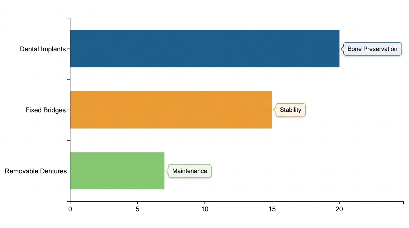 Horizontal bar chart comparing dental implant longevity of over 20 years, fixed bridges at 10 to 15 years, and removable dentures at 5 to 7 years