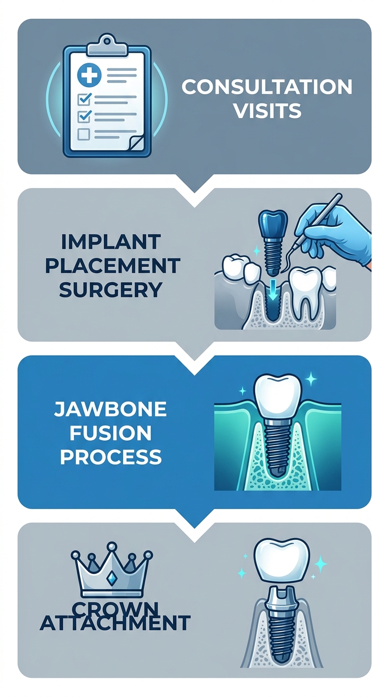 Vertical 4-step process diagram of dental implant treatment with icons and labels