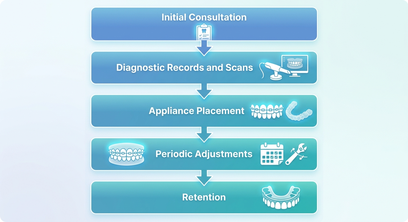 Vertical process flow diagram of orthodontic treatment showing five stages: Initial Consultation, Diagnostic Records and Scans, Appliance Placement, Periodic Adjustments, and Retention