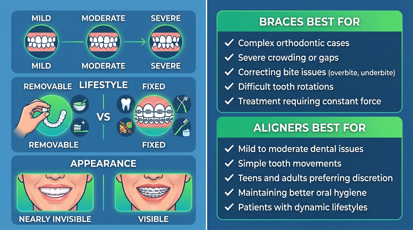 Infographic comparing factors for choosing between traditional braces and clear aligners: left panel shows icons for misalignment severity, lifestyle, and appearance; right panel shows braces and aligners best-for lists