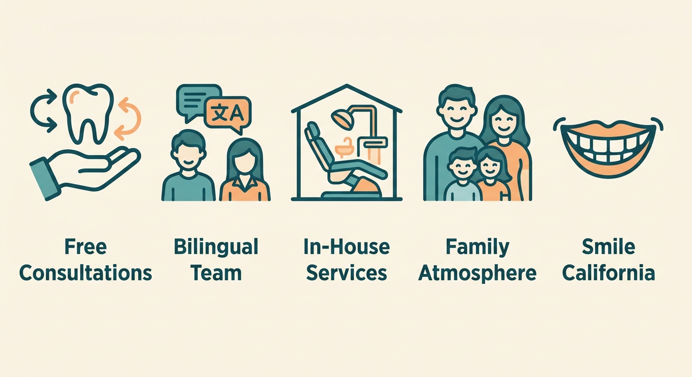 Horizontal infographic showing five trust factors for a dental office, each with an icon and short label
