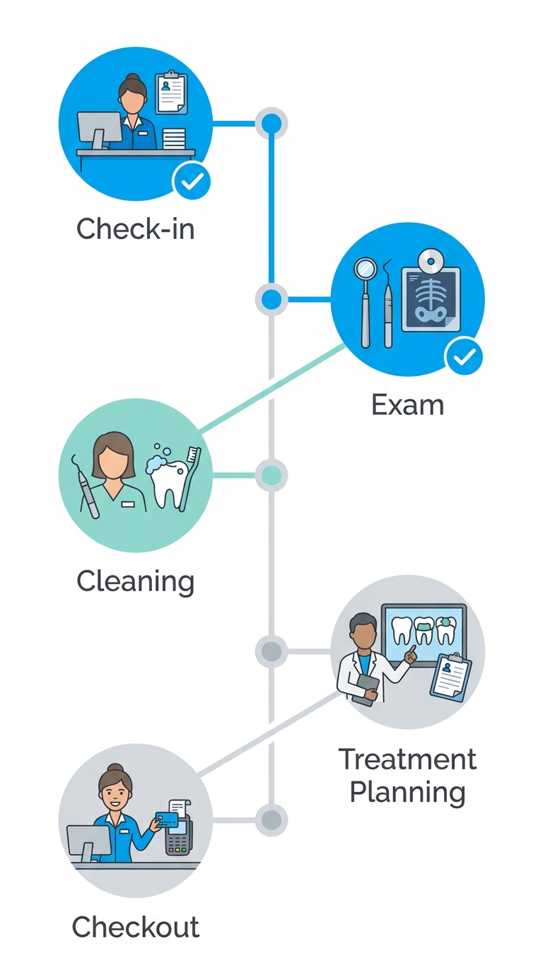 Vertical timeline of a dental visit showing five steps: Check-in, Exam, Cleaning, Treatment Planning, and Checkout, with stage labels only