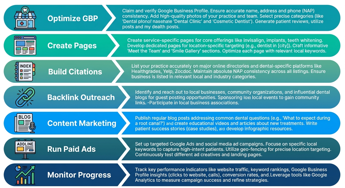 7-step strategic action plan diagram for a dental practice's SEO optimization, including steps that start with Optimize GBP and end with Monitor Progress