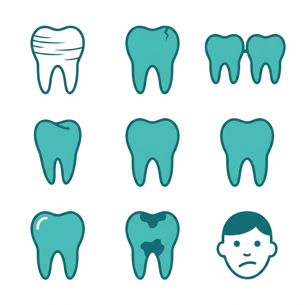 Common signs requiring cosmetic dental care in a grid of six flat minimal icons.