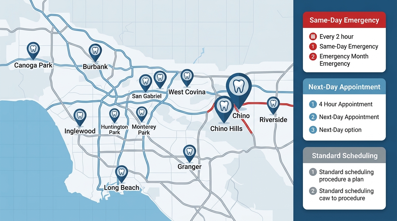 Service area coverage map for emergency tooth extractions in Chino and surrounding cities with response time legend