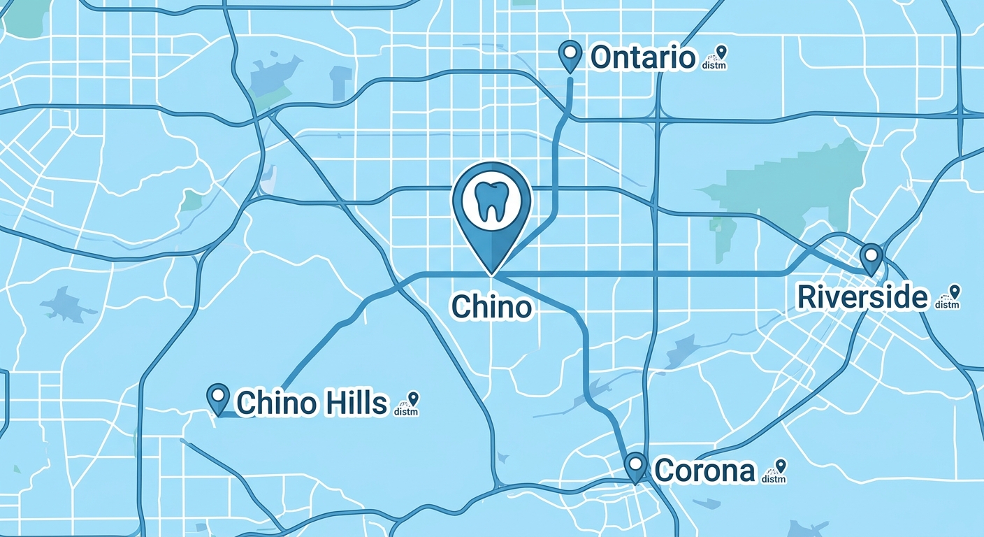 Map of emergency kids dentistry service area centered on Chino, California with nearby cities Chino Hills, Riverside, Ontario, and Corona