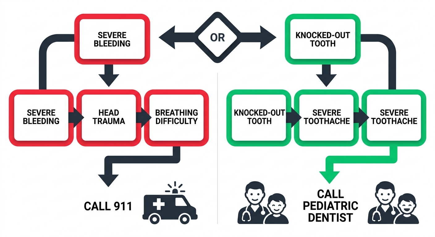 Horizontal decision flow diagram comparing life-threatening dental emergencies (call 911) with urgent but non-life-threatening issues (call pediatric dentist).