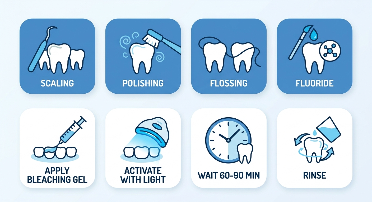 Horizontal process flow showing dental cleaning and teeth whitening steps