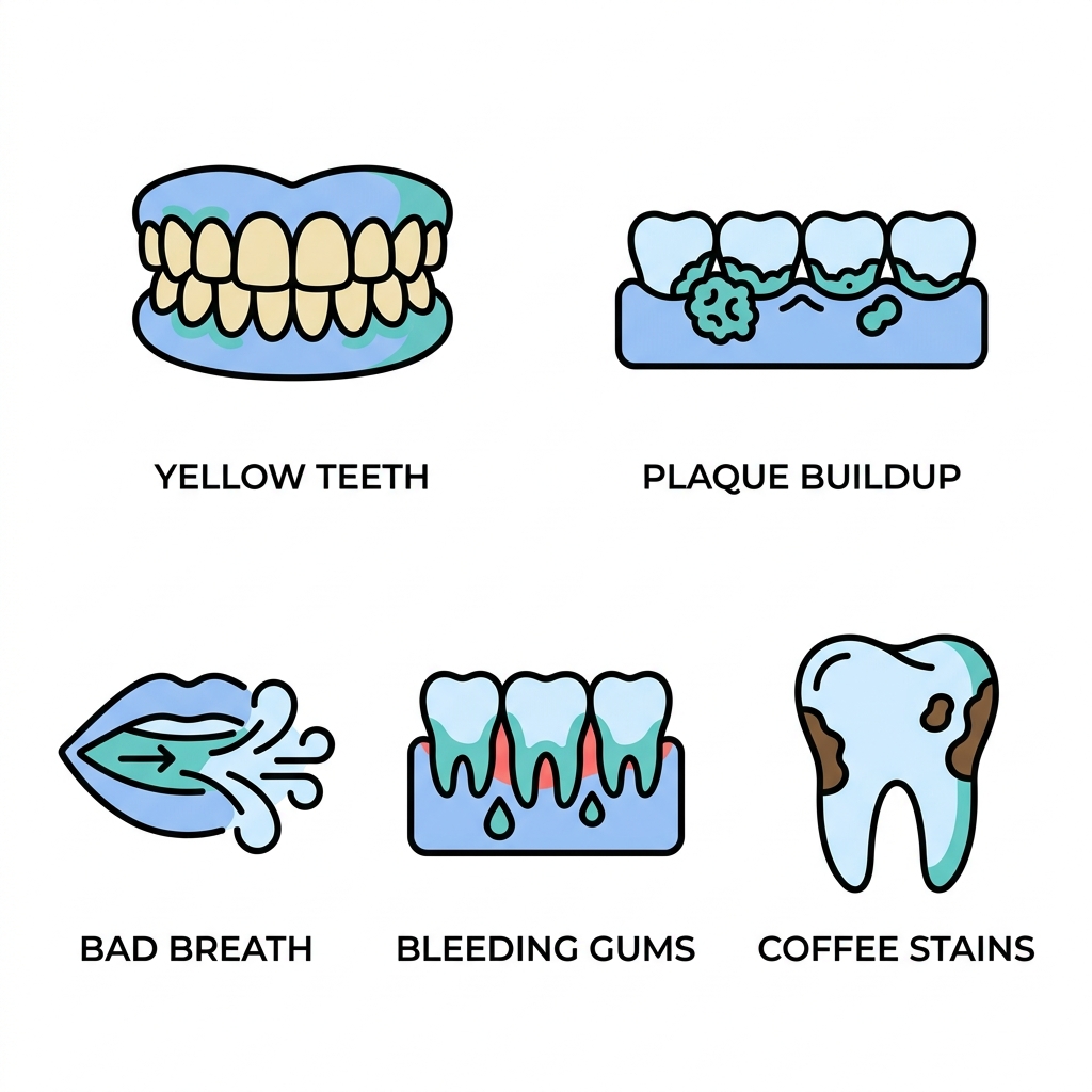 Five flat dental icons representing signs of needing a cleaning and whitening: yellow teeth, plaque buildup, bad breath, bleeding gums, and coffee stains, on a white background.