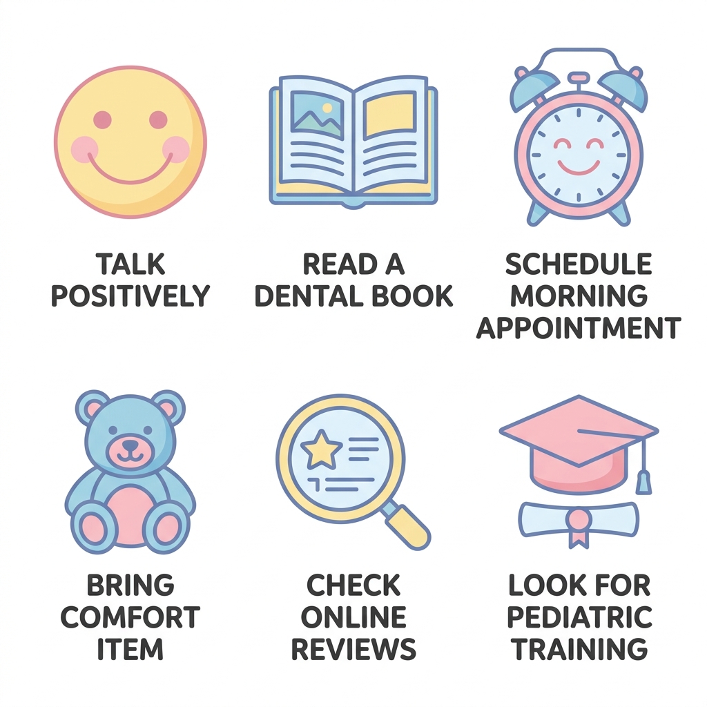 Icons for preparing for a child's first pediatric dental visit in Goshen, including smiley face, book, clock, teddy bear, magnifying glass, and graduation cap