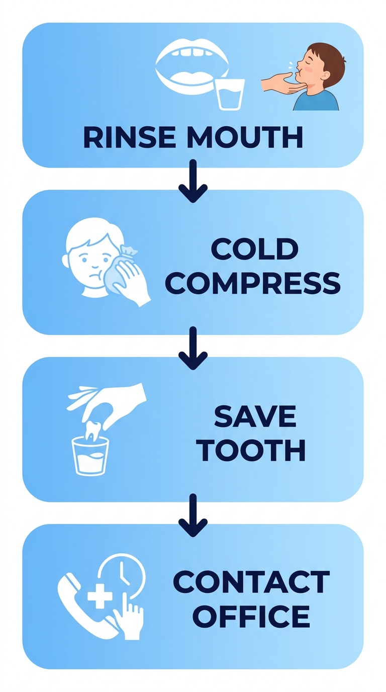 Vertical process flow showing four steps for a child's dental emergency: rinse mouth with warm water, apply cold compress to cheek, save knocked-out tooth in milk or saline, then contact Goshen office immediately.