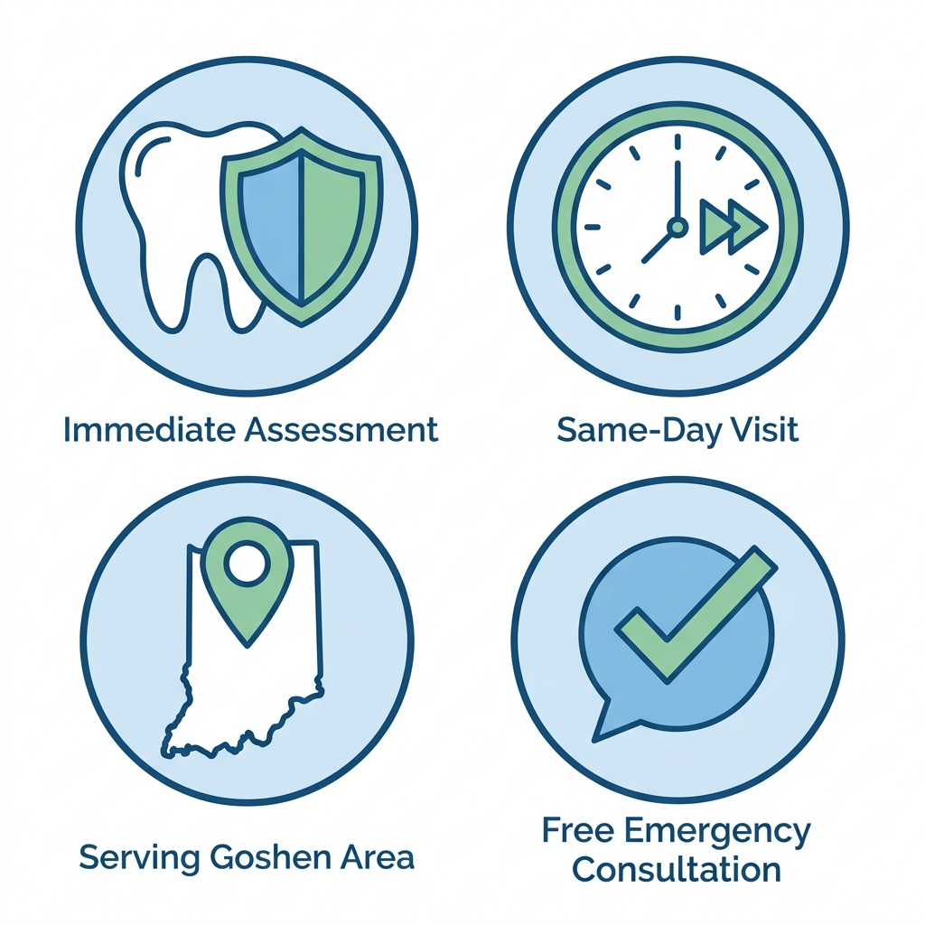 Icon set showing emergency dental services: tooth with shield for exam, clock with arrows for same-day care, location pin for Goshen area, checkmark speech bubble for free consultation.