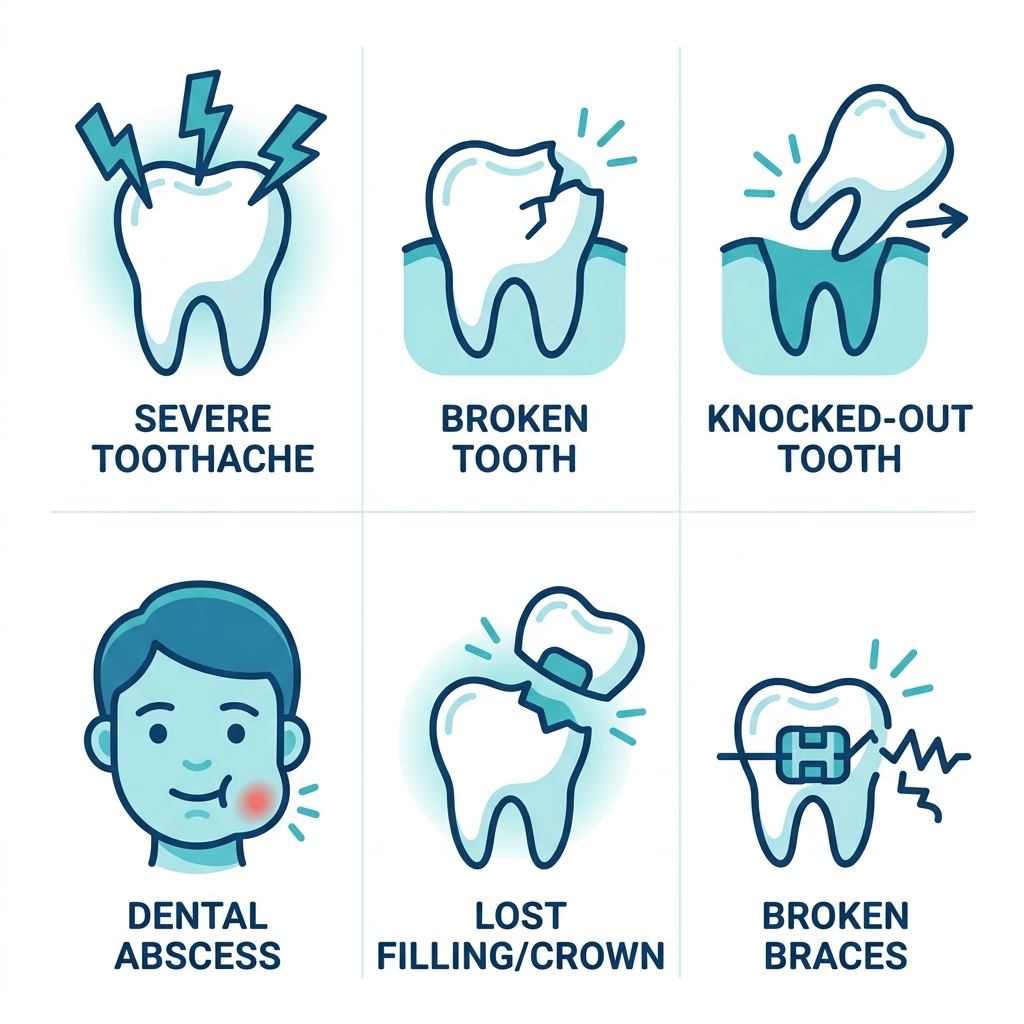 Grid of six dental emergency icons in blue and teal on white background: severe toothache, chipped tooth, knocked-out tooth, dental abscess, lost filling, broken braces.