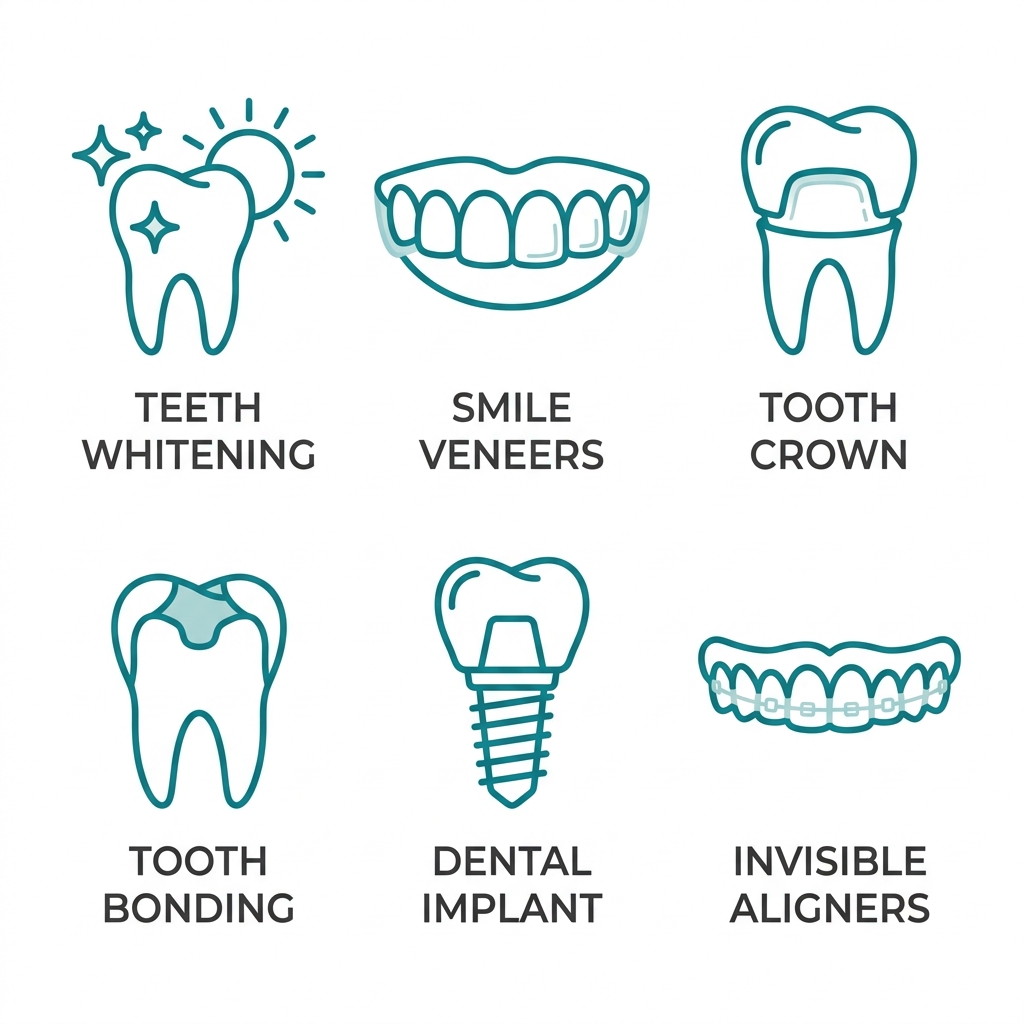 Icon set of six cosmetic dentistry services including teeth whitening, veneers, crowns, bonding, implants, and clear aligners in a 2x3 grid with teal outline style