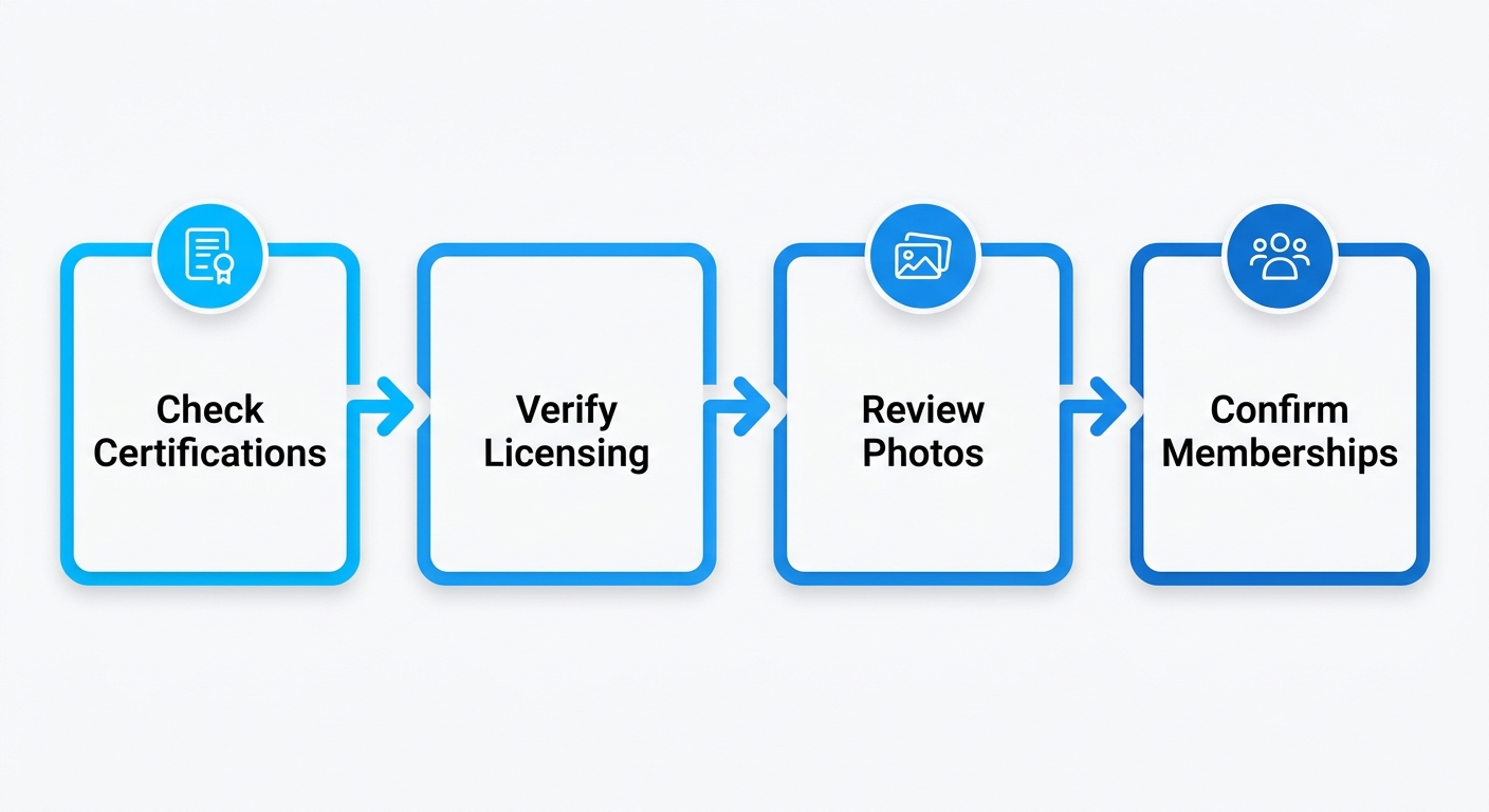 Horizontal process flow with four connected steps for evaluating a cosmetic dentist's credentials and experience