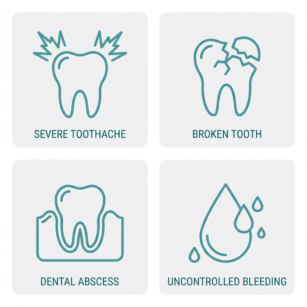 Icon set showing four common dental emergencies: severe toothache, broken tooth, dental abscess, and uncontrolled bleeding