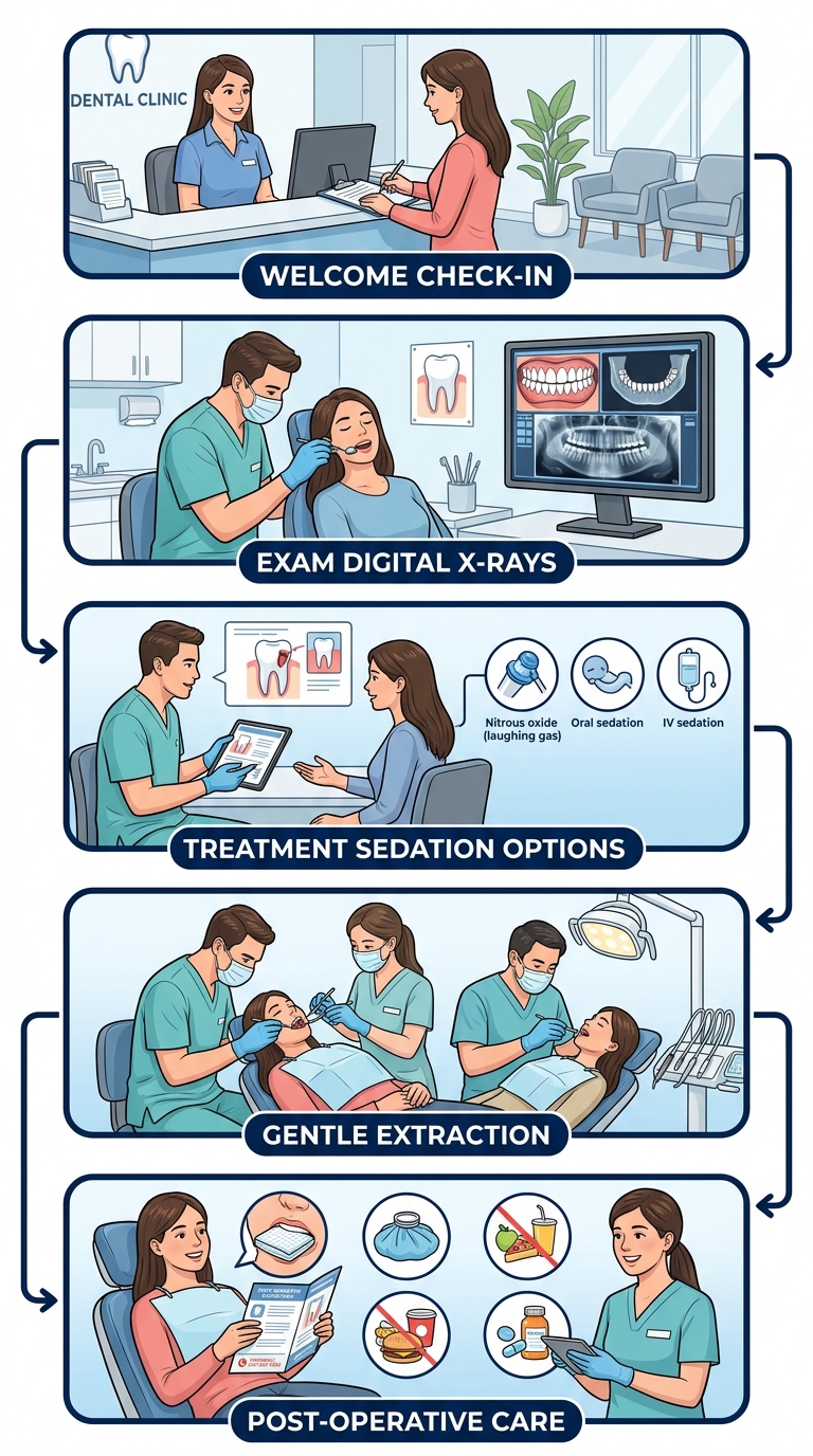 Vertical process flow diagram illustrating a patient's tooth extraction visit with five stages: Welcome & Check-in, Exam & Digital X-rays, Treatment Discussion & Sedation Options, Gentle Extraction Procedure, and Post-operative Care Instructions