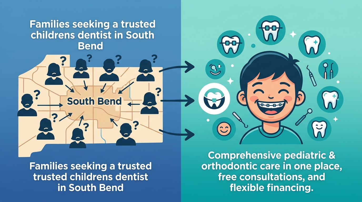 Two-panel infographic comparing community needs and practice strengths for a South Bend children's dentist and orthodontist.