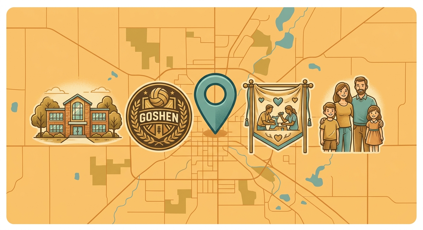 Goshen, Indiana map graphic with location pin for dental office and surrounding icons of school, sports team, charity event banner, and family group.