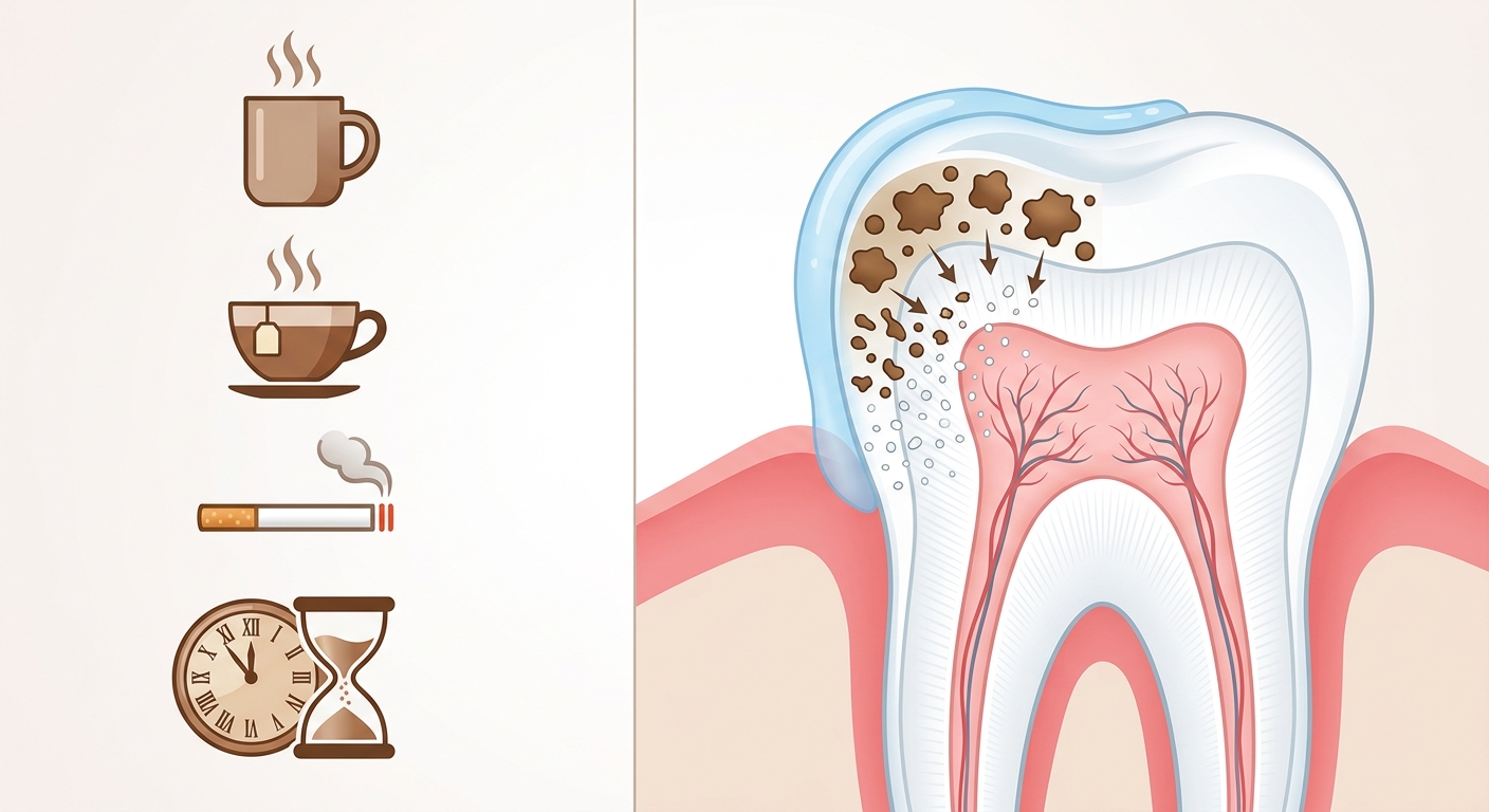 Infographic about teeth discoloration causes and whitening mechanism