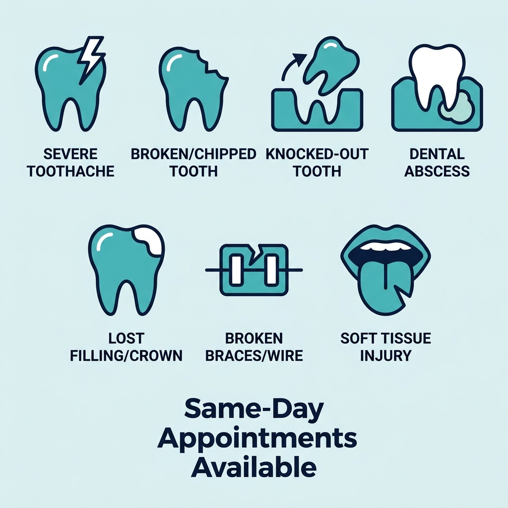Icon set of seven common dental emergencies including severe toothache, broken tooth, knocked-out tooth, abscess, lost filling, broken braces, and soft tissue injury in teal and white on light blue