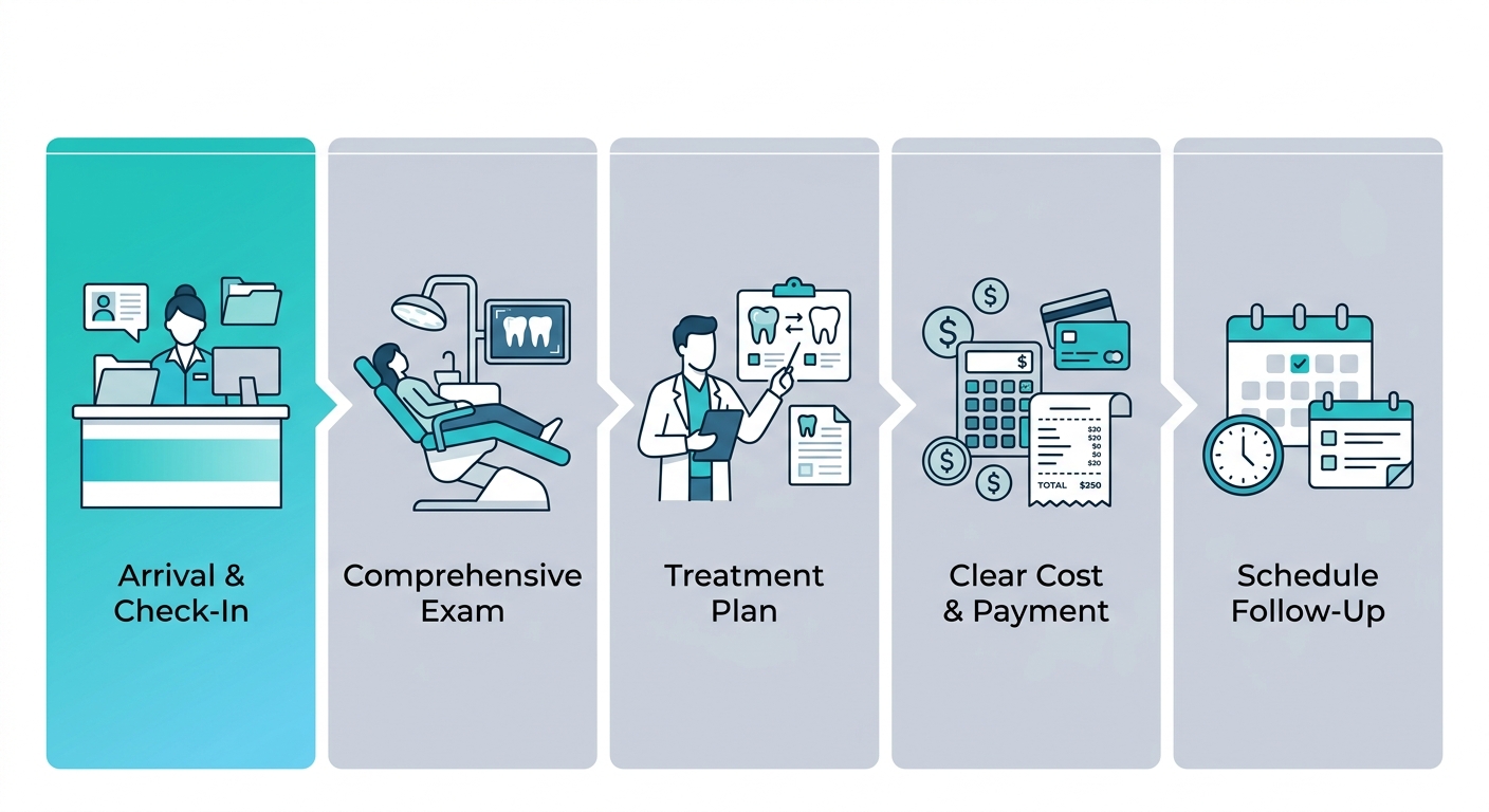 Process showing five steps for an emergency dental visit in South Bend