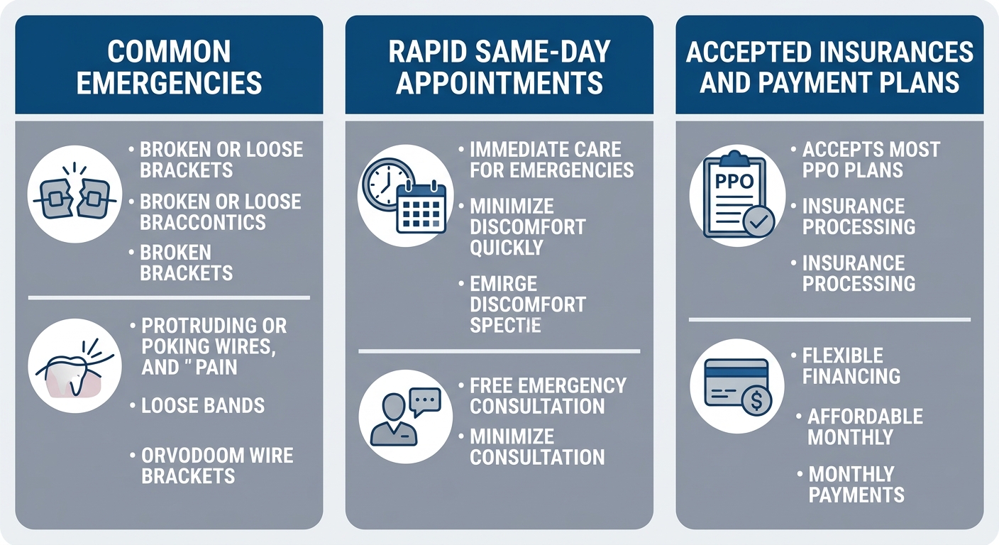 Three-column infographic for orthodontic emergency services at Goshen Dental & Orthodontics showing common emergencies, same-day appointments, and accepted insurance.