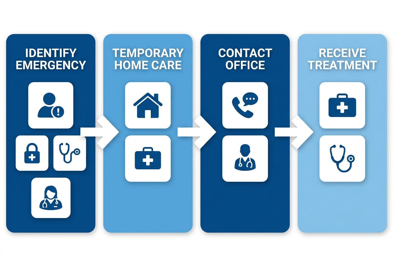 Four-step process for handling orthodontic emergencies in Goshen: identify, temporary care, contact office, professional treatment