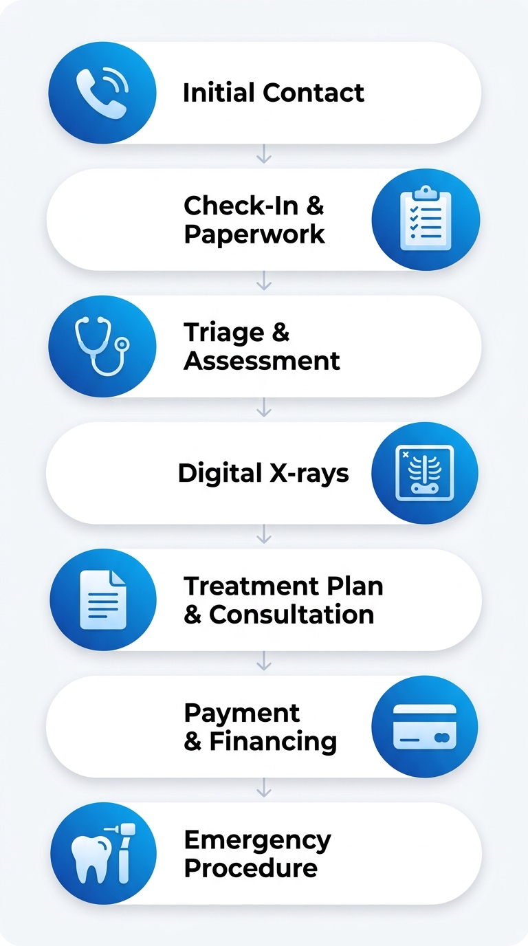 Patient journey for an emergency dental visit, shown as a vertical process flow from initial contact to the emergency procedure.