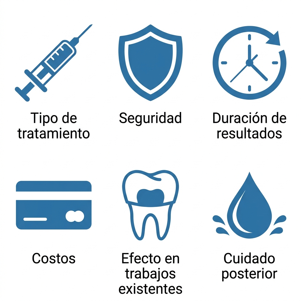 Grid of six blue icons for teeth whitening: syringe, shield, clock, credit card, tooth with crown, water drop, each with one-line label.