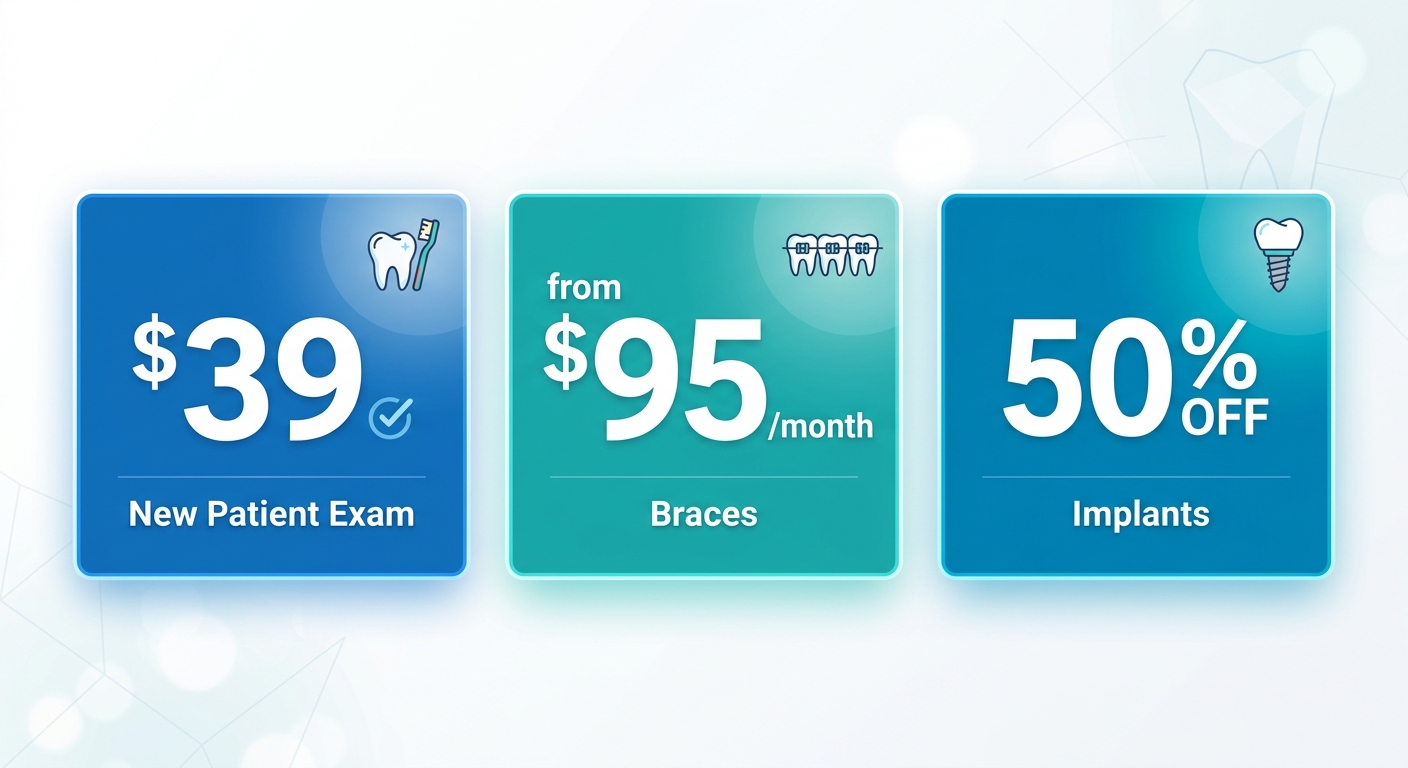 Promotional infographic displaying Monterey Park Dental special offers: new patient exam $39, traditional braces from $95 per month, and dental implants at 50% off.
