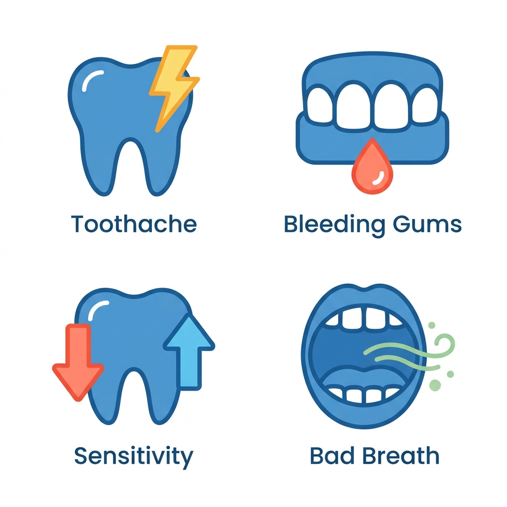 Set of four dental symptom icons: tooth with lightning bolt for toothache, gingiva with blood drop for bleeding gums, tooth with hot and cold arrows for sensitivity, mouth with wavy breath lines for bad breath, each with a label underneath.